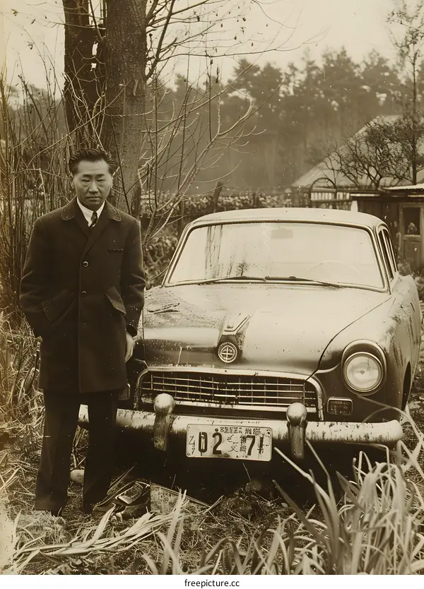 Man Standing Next To A Vintage Car In A Forest