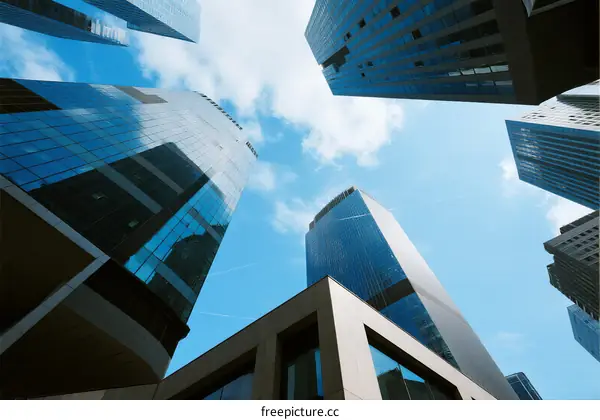 Looking up at modern skyscrapers under a clear blue sky