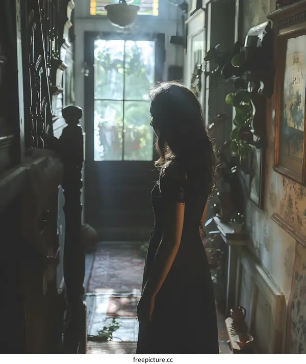 girl in a long black dress standing in a dark hallway