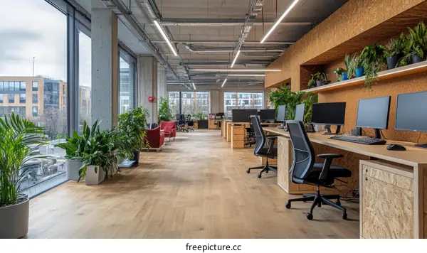 Modern Open-Plan Office Space with Plants