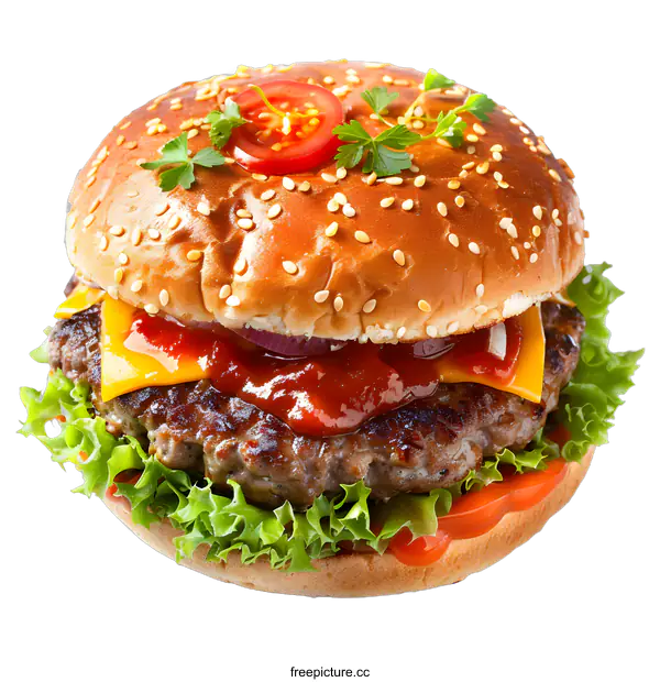 [Transparent Background PNG]Delicious Cheeseburger with Lettuce and Tomato