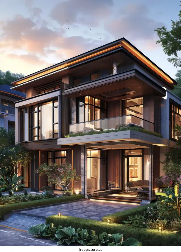 Modern Villa Exterior Design with Lush Landscaping