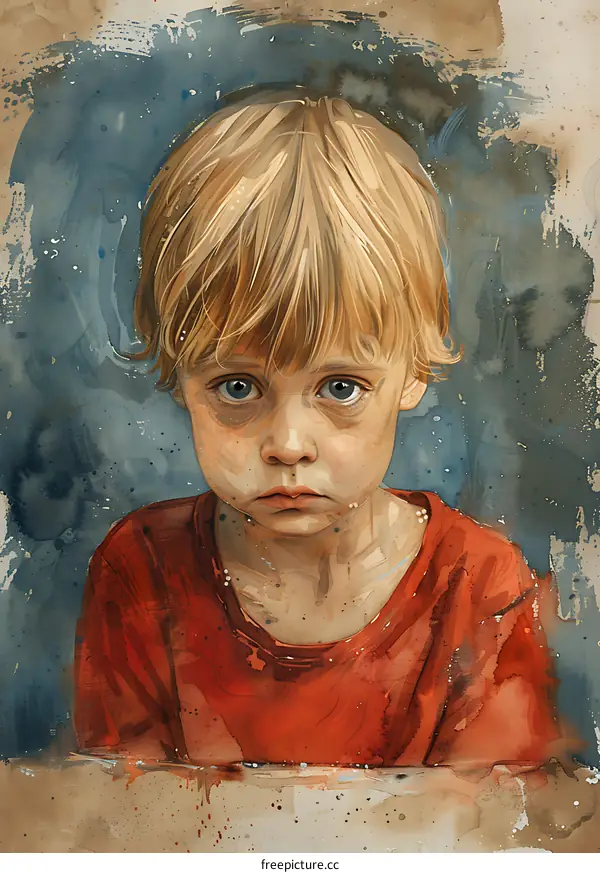 Sad Boy with Blonde Hair Watercolor Portrait