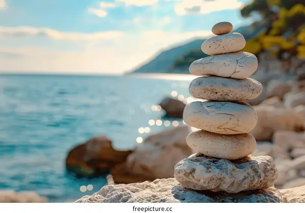 White Stacked Stones on a Serene Azure Seascape