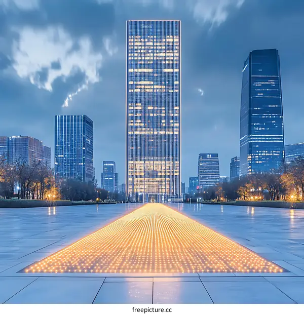 Modern City Skyline with Illuminated Pathway