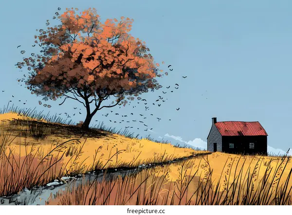 A lonely house sits on a hill as autumn leaves fall