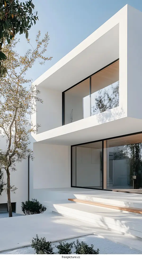Modern Minimalist White House Exterior Design with Large Windows