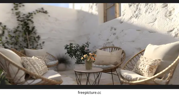 Modern Patio with Rattan Chairs and Flowers