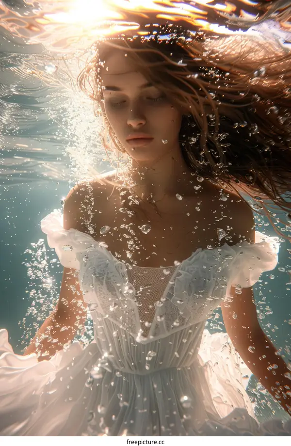 Woman in White Dress Floating Underwater