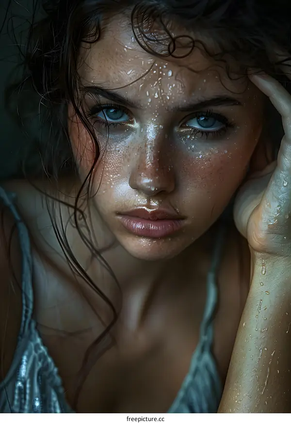Portrait of a young woman with wet hair and blue eyes