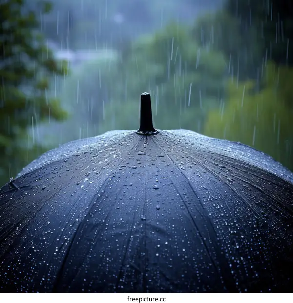 Raindrops falling on a black umbrella