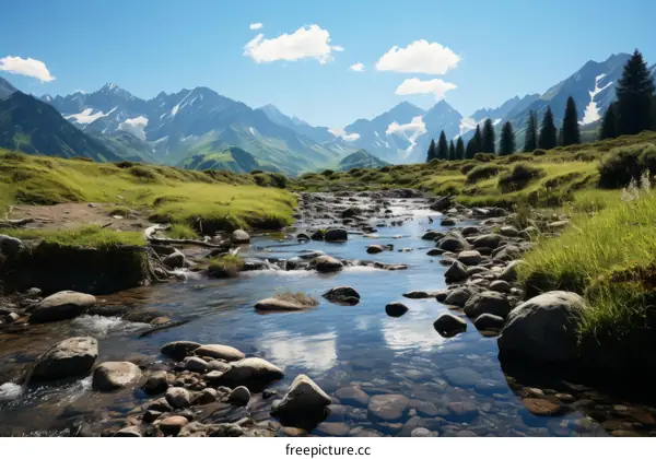 A beautiful landscape with a river flowing through a valley in the mountains