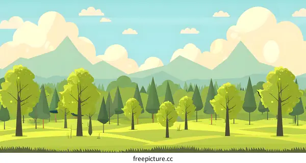Cartoon Green Landscape With Mountains Background