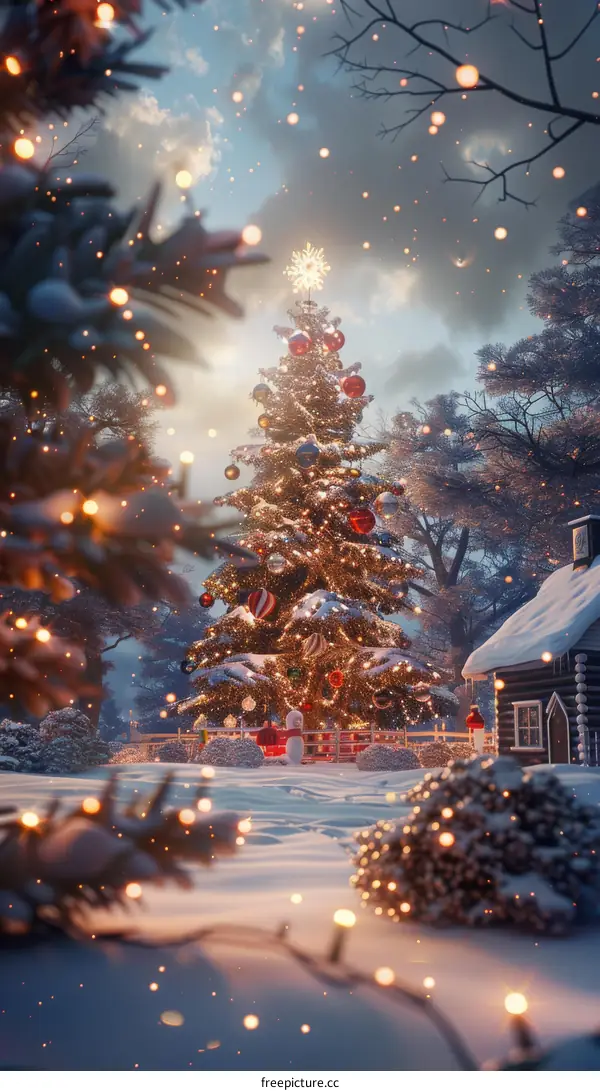 Sparkling Christmas Tree in Snowy Landscape
