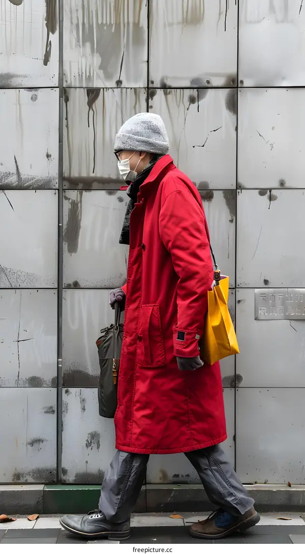 Man Wearing Red Coat Walking On Sidewalk In Front Of Wall