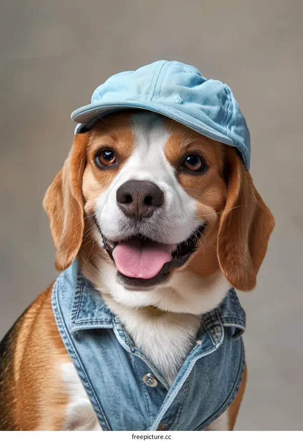 A cute beagle dog wearing a blue hat and denim vest
