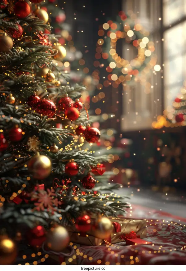 Christmas Tree with Red and Gold Ornaments and Lights
