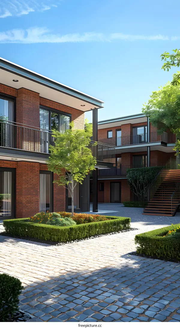 Modern Brick Building with Patio and Green Plants