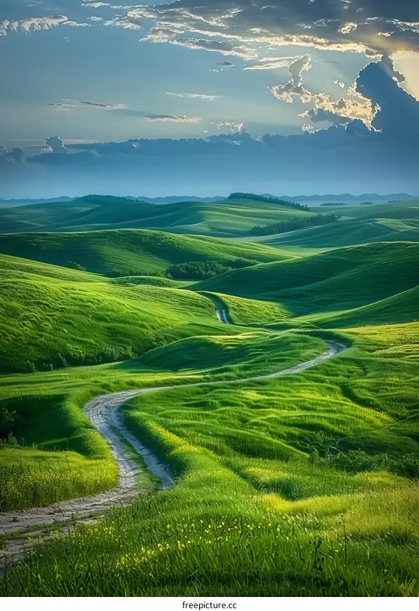 Countryside dirt road through rolling green hills