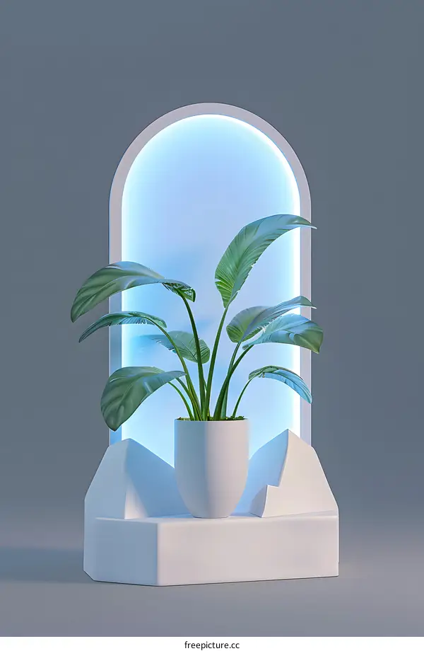 Minimalist Plant Decor with Archway and Blue Light