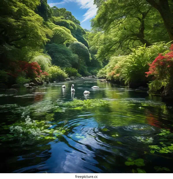 Three Graceful Swans Swimming in a Lush Forest River