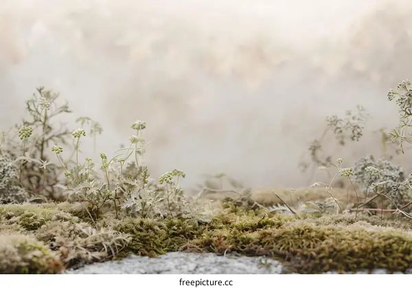 Close Up of Mossy Ground with Delicate Green Plants and a Soft Blurred Background