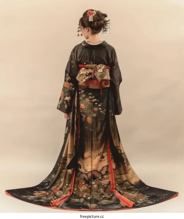 A woman wearing a black kimono with red and gold accents