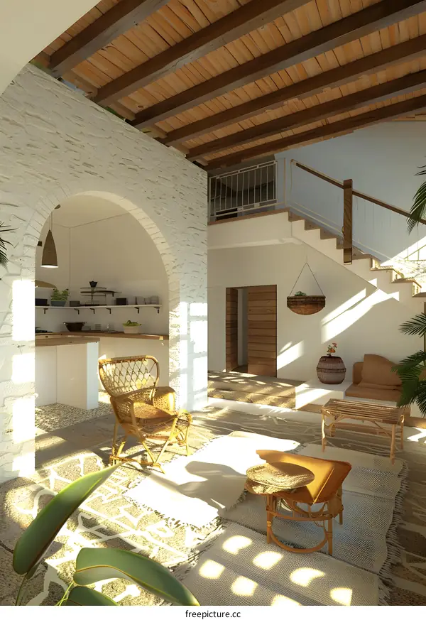 Modern Home Interior Design with Wicker Furniture and White Brick Walls