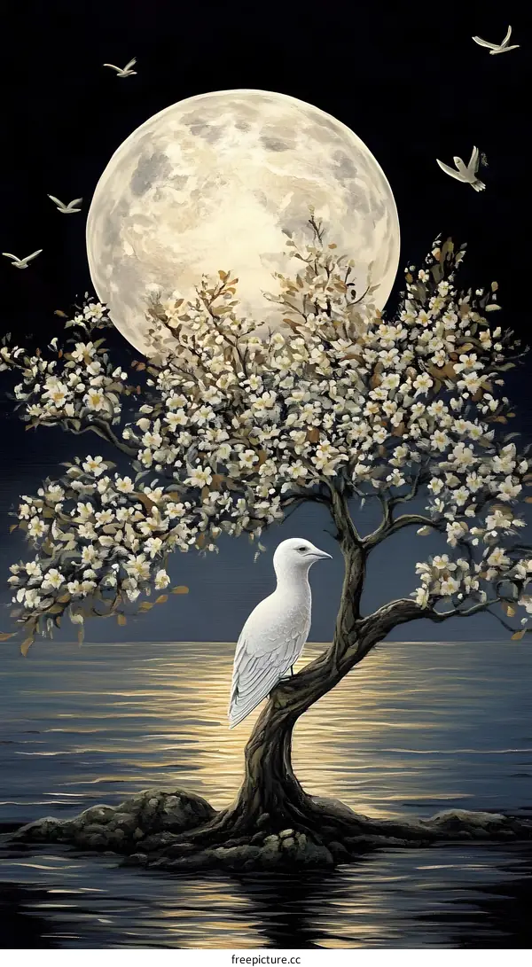 Night Moon White Bird Tree Painting
