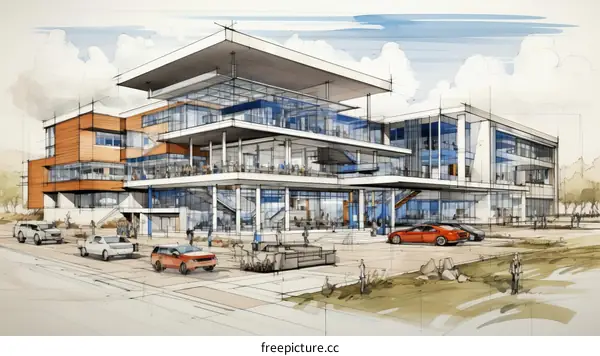 modern office building exterior with people