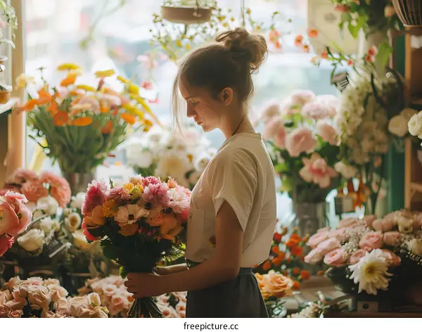 Young woman arranging flowers in a flower shop