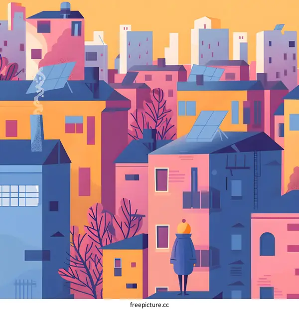 The Cityscape with Solar Panels and a Person in a Blue Coat