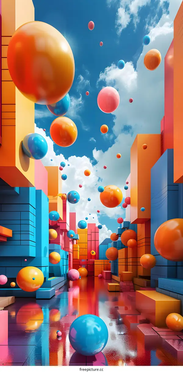 Colorful Floating Spheres Over Abstract City