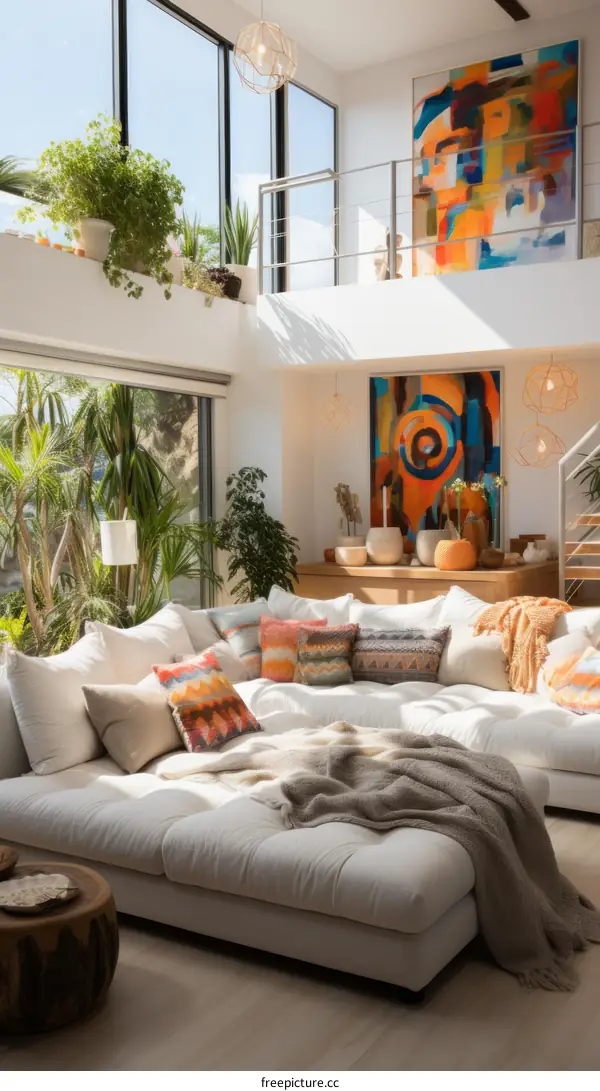 A Well-Lit Living Room with a White Sectional Sofa and Colorful Accents