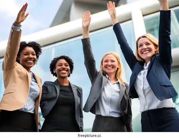 Four Businesswomen Raise Hands In Celebration
