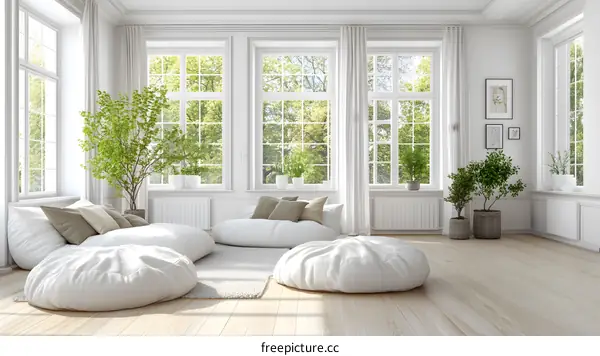 Modern Minimalist Living Room With White Bean Bags And Large Windows