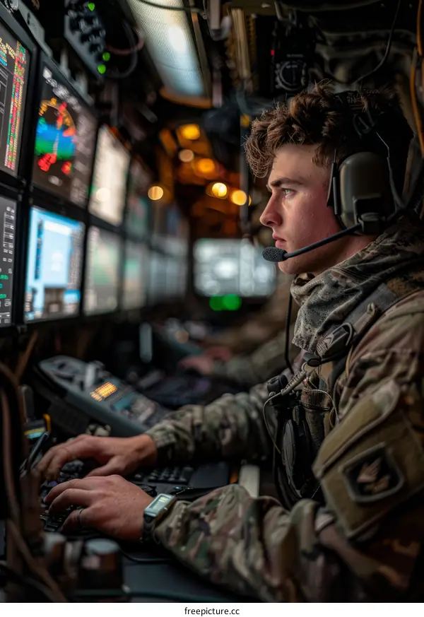 A soldier wearing a headset operates a computer system.