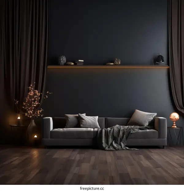 Dark and Cozy Living Room with Blue Wall, Grey Sofa, and Wooden Floor