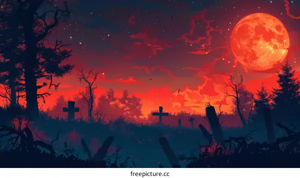 Crimson moon rising over a spooky forest