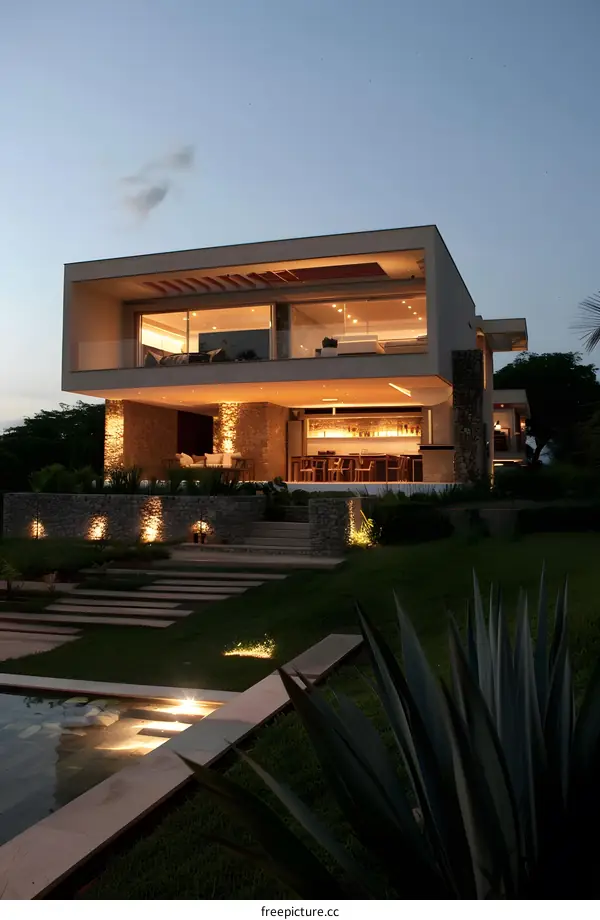 Modern House with Pool and Stone Wall