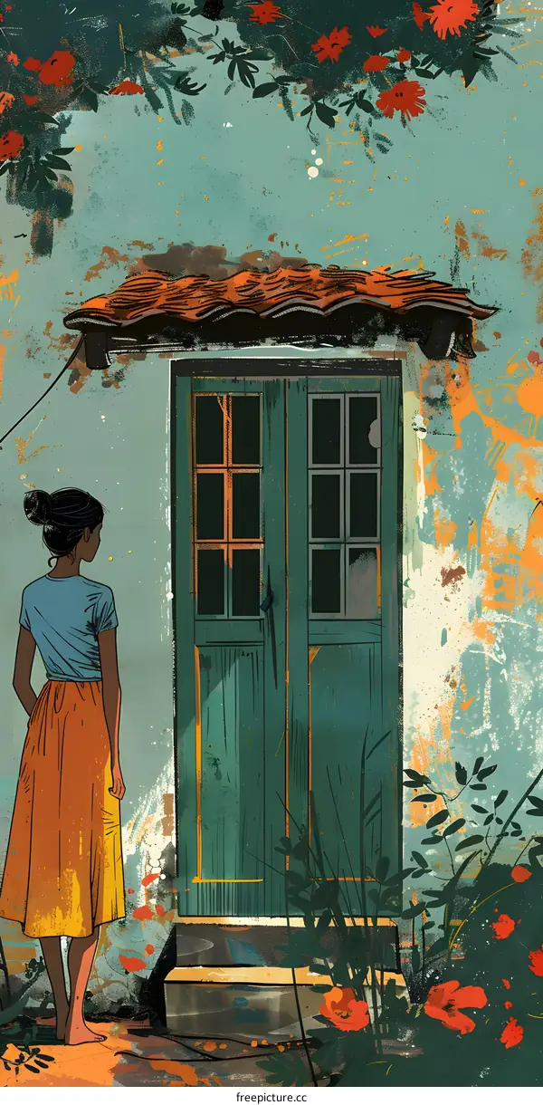 A painting of a girl standing in front of a blue door