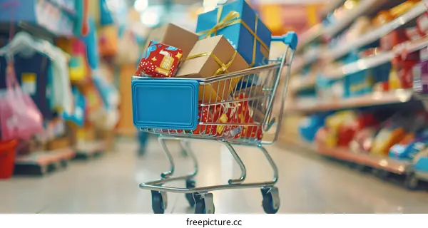 Full Shopping Cart With Presents In Supermarket