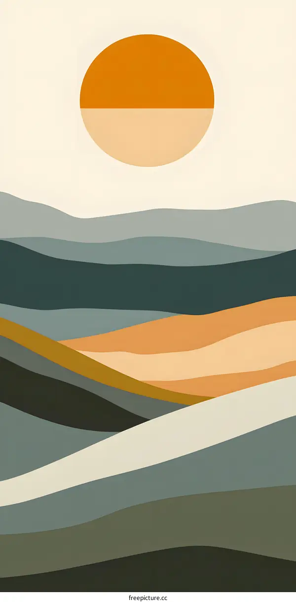 Abstract Minimalist Landscape Illustration with Orange Sun and Blue Hills