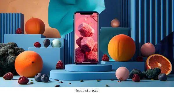 Fruit Still Life with Smartphone and Blue Background