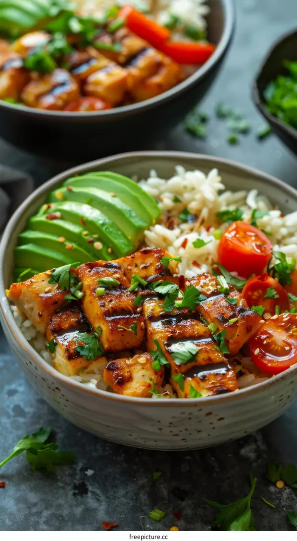 Grilled tofu with avocado, tomato and rice