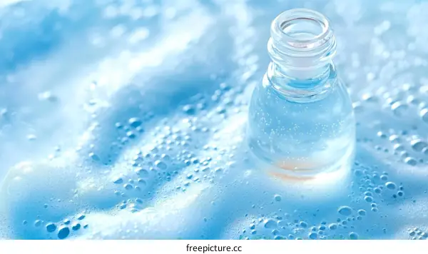 Refreshing Blue Liquid Soap Bubbles and Bottle