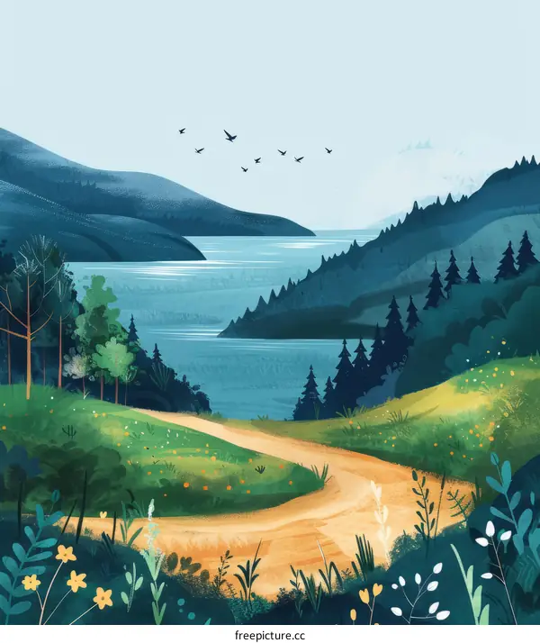 Mountains and lake landscape illustration