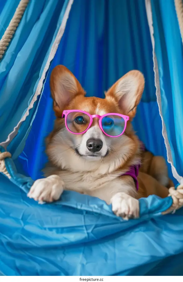 A cute corgi dog wearing pink sunglasses is sitting in a blue hammock