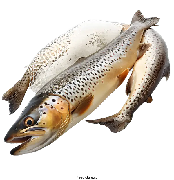 [Transparent Background PNG]three trouts with a fishing net