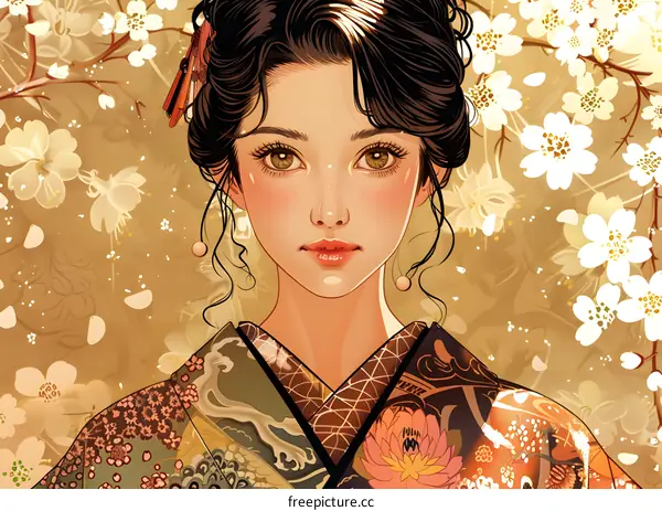 An illustration of a beautiful woman in a kimono with cherry blossoms